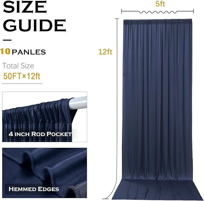50x12 ft Navy Blue Backdrop Curtains for Weddings, Birthdays and Photos | 10 Panels 5x12 ft, Wrinkle-Free Polyester Drapes, Washable, Ironable, 4 in Rod Pocket for Baby Showers Photography Background - Image 6