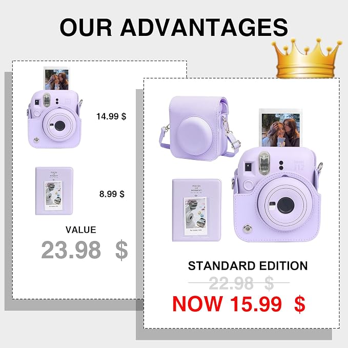 CAIYOULE Camera Case for Fujifilm Instax Mini 12 Instant Film Camera | Protective Camera Case, Camera Crossbody Bag for Fuji Mini 12 with Photo Album, Adjustable Shoulder Strap, Lilac Purple - Image 3