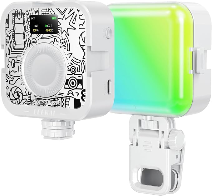RGB Video Light, Magnetic Portable Fill Light with Clip for Phone/Laptop | LEEKAI P6 CRI 95+ 2500K-9000K, 2000mAh Rechargeable LED Camera Light for YouTube TikTok Zoom Meetings by Leekai
