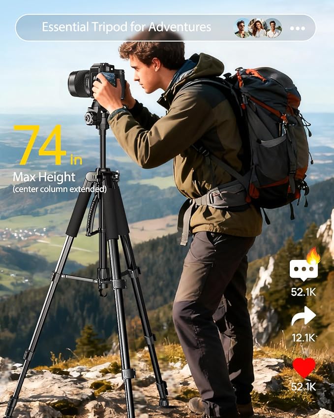 UBeesize 74" Camera Tripod with Phone Holder and Remote, Heavy Duty Tripod Stand with Portable Bag for Phone and Camera, Compatible with DSLR Cameras, Cell Phones, Spotting Scopes and Binoculars - Image 2