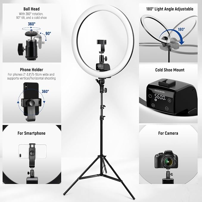 NEEWER Advanced 18" LED Ring Light with Tripod Stand Phone Holder | For iPhone Samsung Android Phones, for Makeup YouTube Video Blogger Salon, Black - Image 7