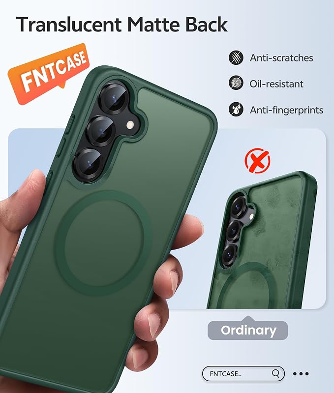 FNTCASE for Samsung Galaxy S25/S24 Case, Fit for Magsafe, Screen Protector | Translucent Matte Magnetic Back, 14FT Military Grade Drop Protection, Shockproof Protective Phone Cover, Green - Image 6