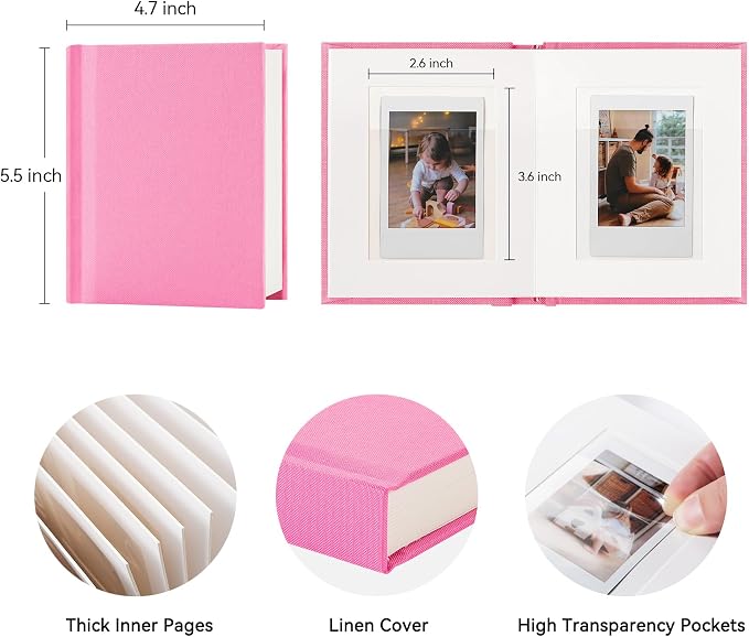 Instax Mini Photo Album with Writing Space, Linen Cover, Pink | Compatible with 2x3 inch & Polaroid Pictures, 28 Recessed Clear Pockets, Wedding Guest Book and Family Memories - Image 2