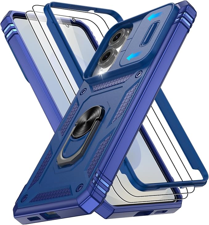 Gritup Fit for Samsung Galaxy S25 Edge Case with Slide Camera Cover | 2 Pcs Screen Protector, Build in 360° Rotating Ring Kickstand, Military Grade Protective Phone Case, Blue by Gritup
