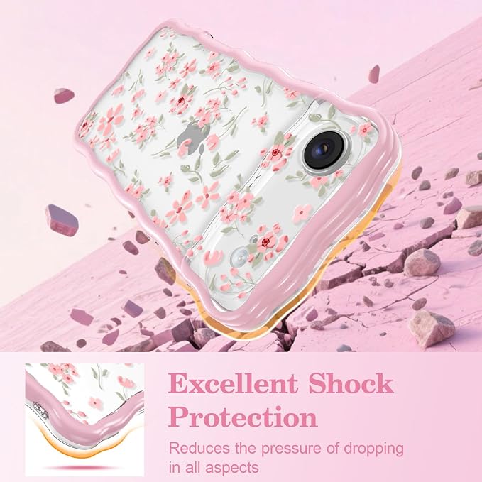 QLTYPRI for iPhone Air Pink Flower Case, Clear Cute Pink Floral Flower Phone Case Curly Wavy Aesthetic Phone Cover, Soft Slim Transparent TPU Shockproof Protective Cover for Women Girls - Pink - Image 4