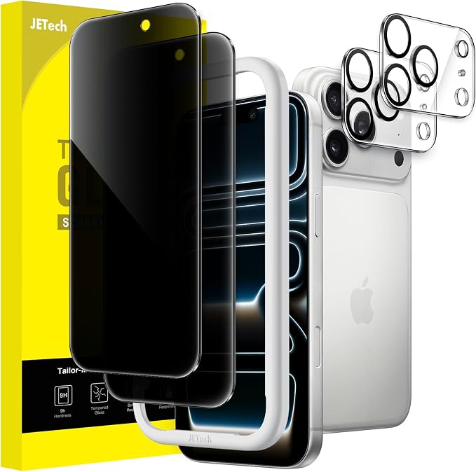JETech Privacy Screen Protector for iPhone 17 Pro, 2+2 Pack | Anti-Spy Tempered Glass, with Camera Lens Protector, Easy Installation Tool by JETech