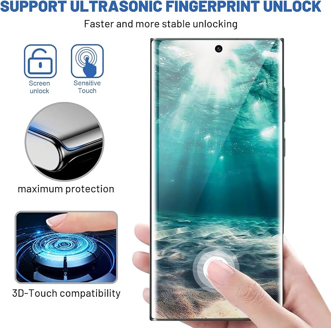 [2+2 Pack] Galaxy S23 Ultra Screen Protector, 9H Tempered Glass, Ultrasonic Fingerprint Support, 3D Curved, HD Clear Scratch Resistant for Samsung Galaxy S23 Ultra 5G Glass Screen Protector - Image 3
