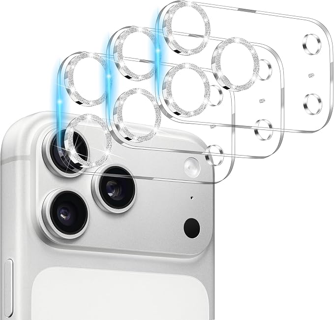 Dengduoduo 3 Pack Camera Lens Protector for iPhone 17 Pro Max, Tempered Glass, Ultra HD, 9H Hardness, Anti-Scratch, Case Friendly,[No Affect on Night Shots], Glitter Silver by Dengduoduo