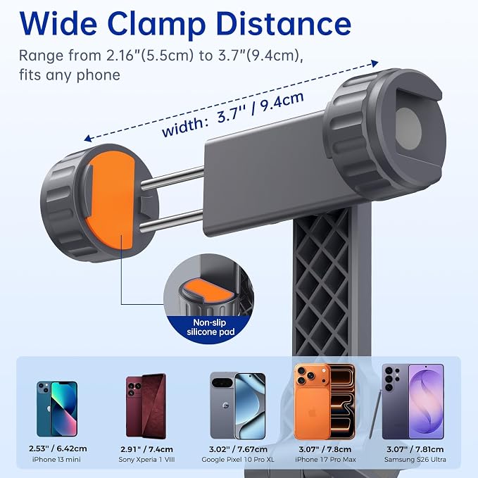 SYNCWIRE Tripod Phone Mount, Universal Smartphone Mount Adapter with 2 Cold Shoe and 1/4" Screw, 360° Rotates and 180° Tilts Adjustable Cell Phone Clamp Holder for Enhancing Mobile Photography Setup - Image 5