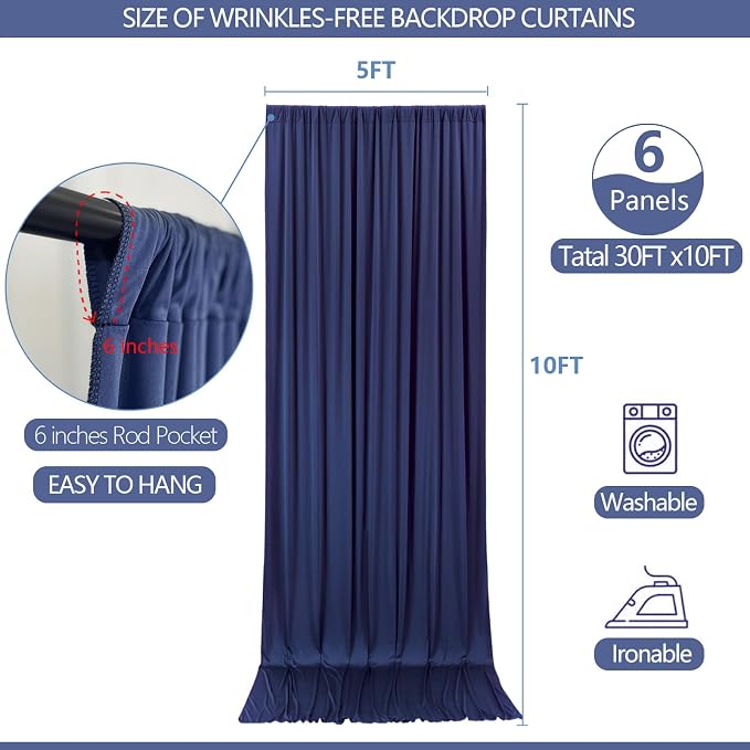 ESGOTBME 30x10ft Wrinkle Free Navy Blue Backdrop Curtain for Parties Soft Fabric Drapes Wedding Curtain Backdrop for Birthday Party Decorations Background for Photography 5x10ft, 6 Panels - Image 4