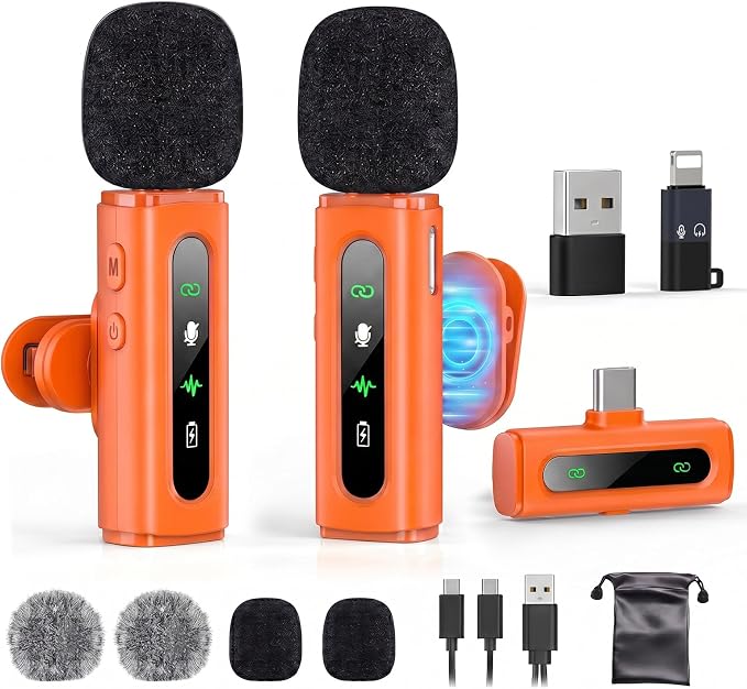 USB C Lavalier Microphone Wireless Mini Mic for Type-C Android Phone/Tablet/PC Video Recording Clip-on Mics with Rotatable Clip&Denoise Recording, Ideal for Vlog Youtube Content Creator, Orange by GoorDik
