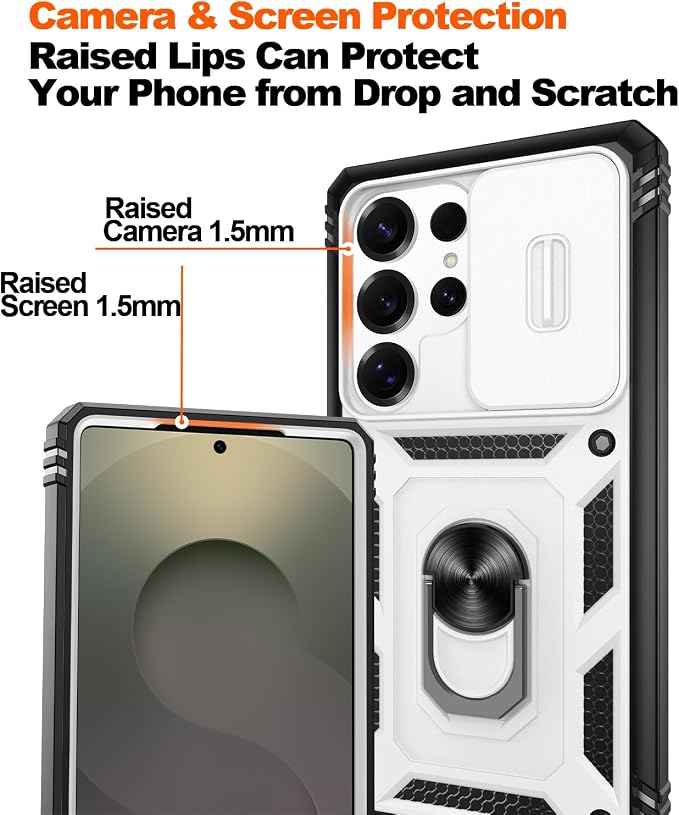 Gritup Fit for Samsung Galaxy S25 Ultra Case with Slide Camera Cover | 2 Pcs Screen Protector, Build in 360° Rotating Ring Kickstand, Military Grade Protective Phone Case, White+Black - Image 5