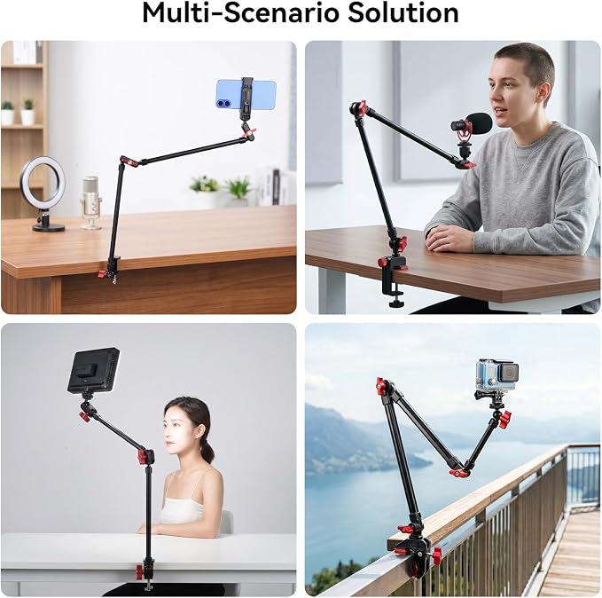 UEEBIT 33" Camera Arm with Desk Super Clamp, with 1/4"& 3/8" Threads Screws | Articulating Extra-Long Magic Arm 360° Ball Heads, for Phone, Mic, Light, Webcams, Action Camera (Black Red) - Image 7