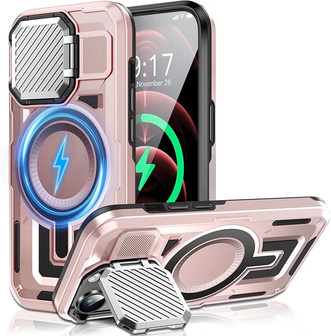 Camera Stand Case for iPhone 12 Pro Max, [Compatible with Mag Safe] [Lens Cover] 2024 Version Military Grade Protective Soft Case for iPhone 12 Pro Max 6.7 inch Men Women, Pink by WASTROYAL