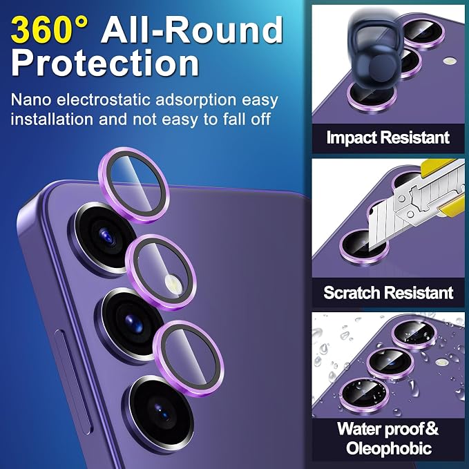 for Samsung Galaxy S24 Camera Lens Protector, Individual Metal Ring Tempered Glass Lens Cover, [Strong Adsorption] Scratch Resistant Ultra-Thin HD Clear Lens Cover, 2 Sets-Purple - Image 3