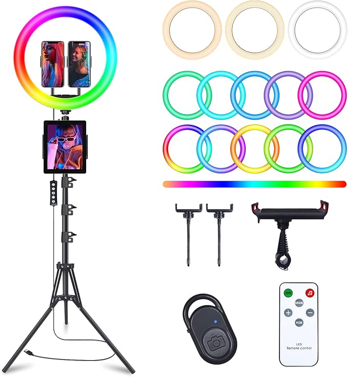 13" Selfie Ring Light with 76" Tripod Stand & 3 Phone Holder, LED Camera Ringlight with 48 RGB Colors Modes & Musical Rhythm Mode and 12 Brightness Dimmable for Makeup/Photography/Videos/Vlog/TikTok by Herrfilk