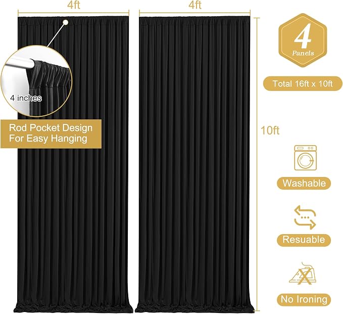 Black Backdrop Curtain 4 Panels-Wrinkle-Free Black Curtains Polyester Photography Drapes for Wedding Birthday Party Photo Background Backdrop Stand- 16 X10FT - Image 3