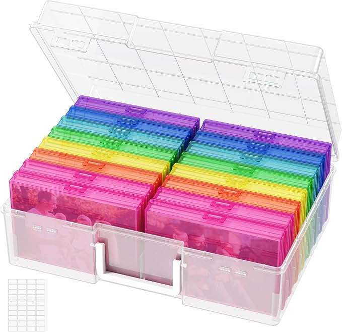 Lifewit 16 Pcs Photo Storage Box for 4"x 6" Pictures, Acid-Free, Multicolor | 1 Pcs Transport Outter Case with Handle& Labels, Container for Cards, Sticker, Seed, Scrapbooking, Craft, Classroom Supplies by Lifewit