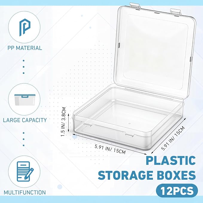 SATINIOR 12 Pack Clear Plastic Beads Storage Containers Box with Hinged Lid for Beads and More (Square,5.91 x 5.91 x 1.5 Inch) - Image 2