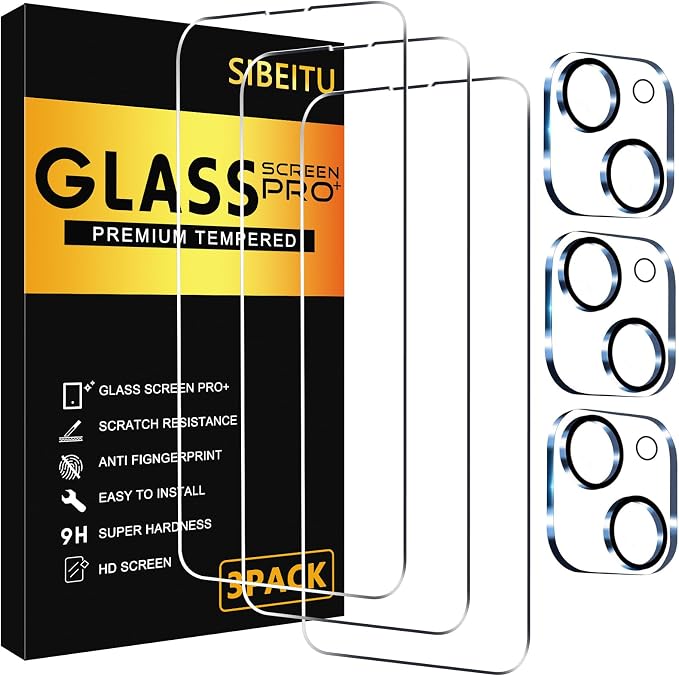 SIBEITU 3+3 Pack Screen Protector for iPhone 15 6.1 Inch Tempered Glass | 3 Pack Screen + 3 Pack Camera Lens Protector, HD Clear, 9H Hardness, Scratch Resistant, Case Friendly by SIBEITU
