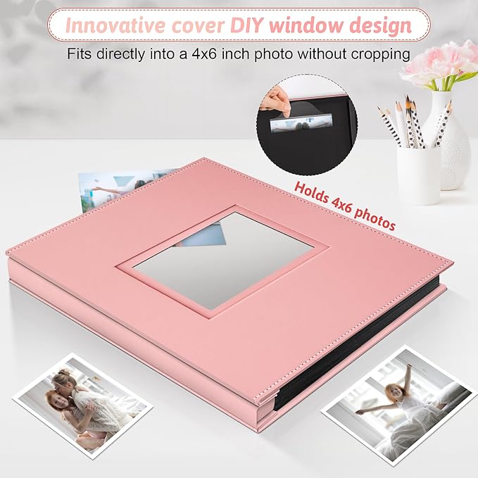 Popotop 4x6 Photo Album Holds 800 Pictures, Vegan Leather Hardcover | 800-Photos Capacity, Clear Slip-In Pockets, Extra-Large Collection Format, Front Photo Window, Gifts for Family Wedding Baby - Image 2