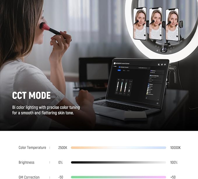 NEEWER 19" RGB LED Ring Light with Stand, 3 Phone Holders, Touch Panel, 2.4G/App Control, 42W CRI97+ 2800lux/0.5m 360° Hue Dimmable Professional Lighting for Makeup Live Streaming Zoom Calls, RP19C - Image 4