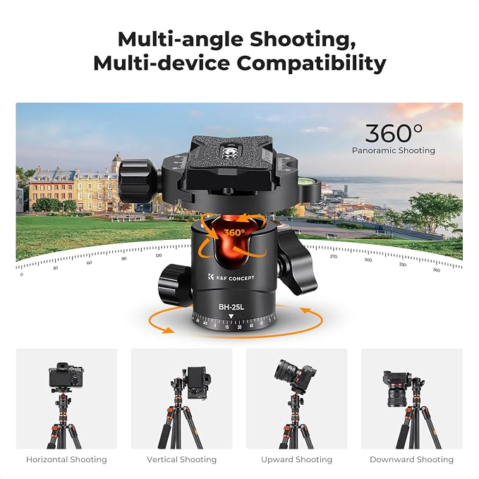 K&F Concept 60" Carbon Fiber Camera Tripod, Detachable Monopod for SLR DSLR | Max Load 17 lb, Lightweight Compact Travel Tripod, 360 Degree Ball Head, Quick Release Plate, A225C0+BH-25L - Image 6