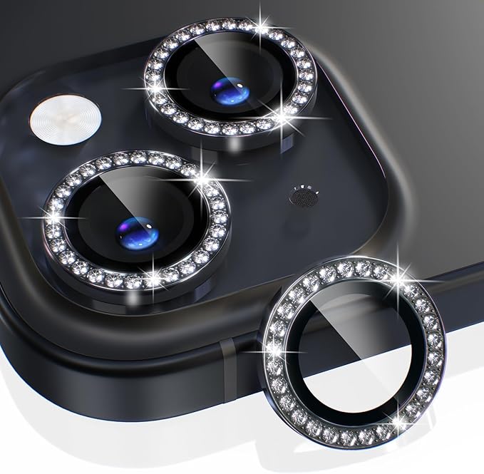 Choiche for iPhone 15/15 Plus Camera Lens Protector Bling, Diamond-Black | Ultra HD, 9H Tempered Glass Camera Cover Screen Protector Metal Individual Ring Decoration Accessories, 2-Lens, 6.1/6.7-inch by Choiche