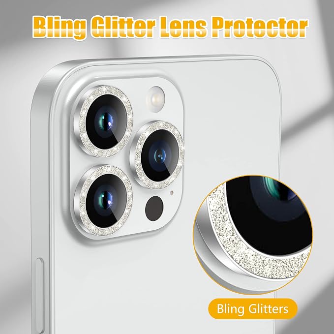 AGVEE 3+3 6 Pack for iPhone 14 Pro & Max Camera Lens Protector Cover | Individual Bling Diamond & Bling Glitter Sparkle Cute Gem Metal Ring, 9H Tempered HD Glass - Image 5