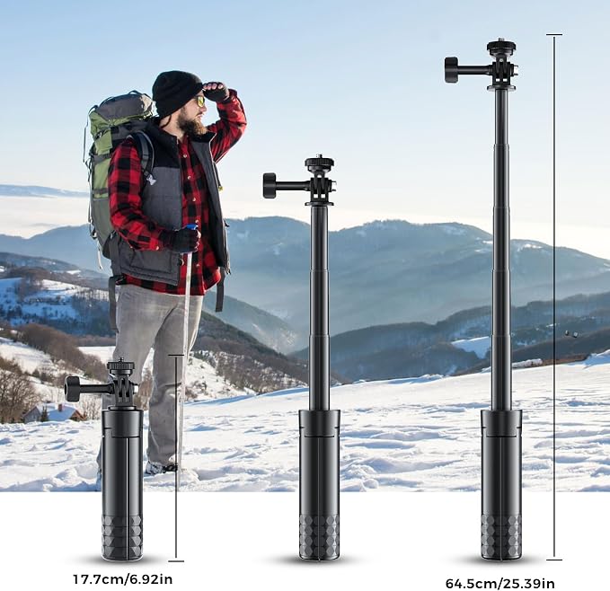 25 Inch Magnetic Selfie Stick Tripod, 5-in-1 Compact Phone and Camera Stand with 1/4-Inch Adapter, Lightweight Travel Grip for iPhone, Osmo Pocket 3, Action Cameras and Vlogging - Image 4
