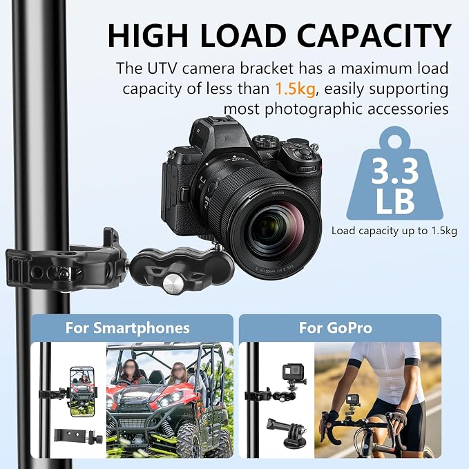 Chelhead Super Clamp Camera Mount with Phone Holder for Up to 3" Tubes | Dual 1/4"-20 & 3/8"-16 Threads, Compatible with DSLR Cameras, Action Cameras, LED Lights, Gimbals & Tripods - Image 3