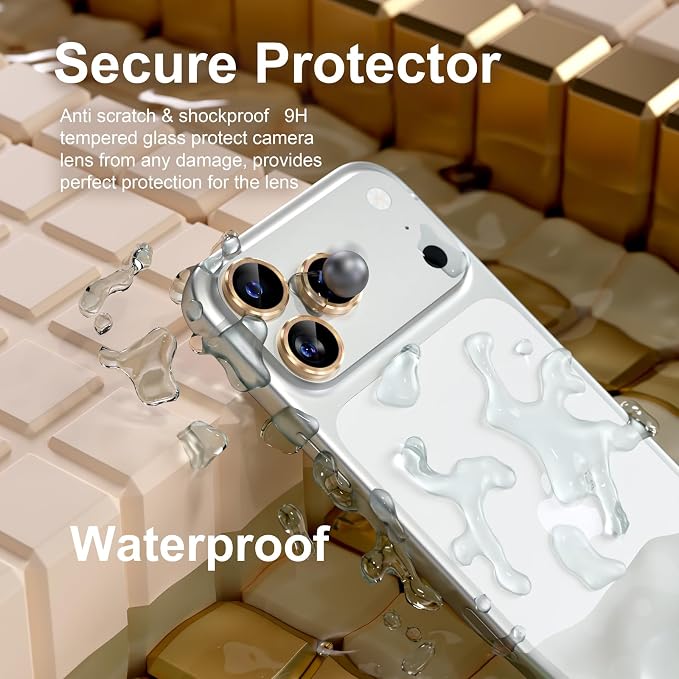 Misea Compatible for iPhone 17 Pro/iPhone 17 Pro Max Camera Lens Protector | 9H Tempered Glass Ultra HD Bling Camera Screen Protector Cover Metal Individual Ring Decoration Accessories, Gold - Image 3