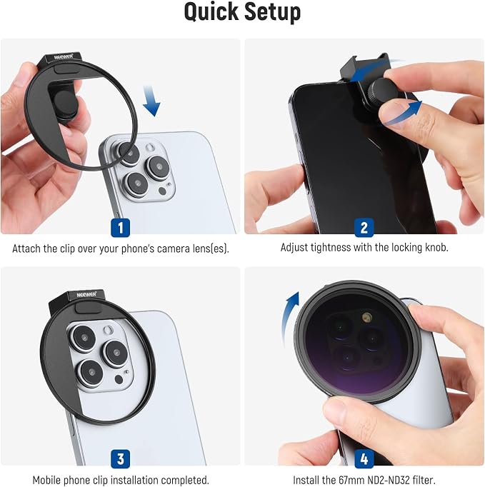 NEEWER 67mm Clip On Variable ND Filter Kit with Cold Shoe Phone Clip, Adjustable ND2-32 Filter Compatible with iPhone 17 16 15 Pro Max Plus Android Samsung Galaxy S24 S25 Ultra - Image 7
