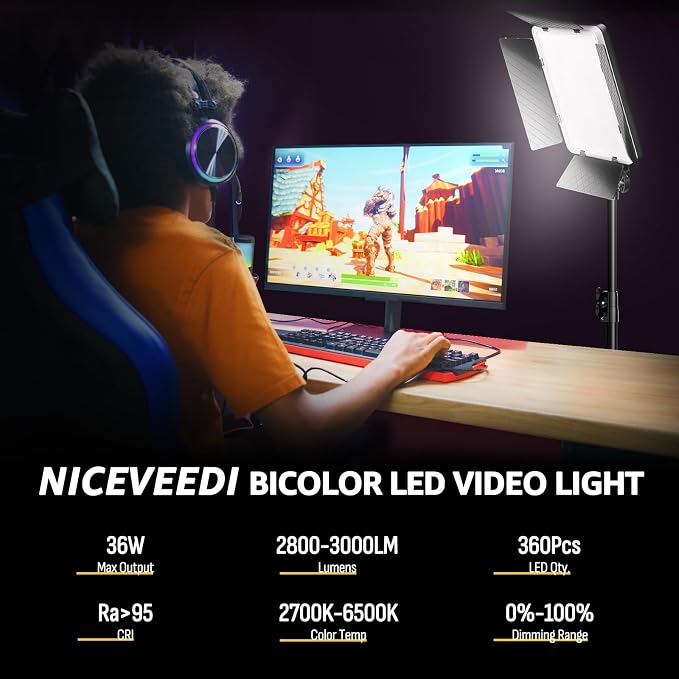 NiceVeedi 36W Photography Lighting, Bi-Color Studio Light, CRI 95+, Dimmable AC Adapter Powered LED Video Light Kit with Remote Control & 72” Tripod, Light for Video Recording/YouTube/TikTok/Ins - Image 2