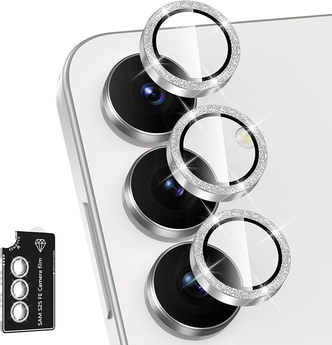 for Samsung Galaxy S25 FE Camera Lens Protector, Individual Metal Ring Tempered Glass Lens Cover, [Strong Adsorption] Scratch Resistant Ultra-Thin HD Clear Lens Cover, 1 Set-Slivery Sparkly by Btscase