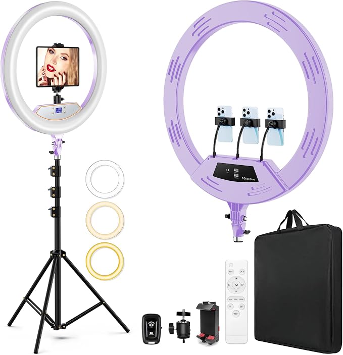 MACTREM Purple 22" Ring Light for iPad iPhone with 75" Tripod Stand Barber | LCDisplay,2 Usb Ports, Fits Ipad/Tablet 12.9", 2600k-6500k Color Temperature, For Barber/Tattoo Tiktok Video Recording Vlog by MACTREM