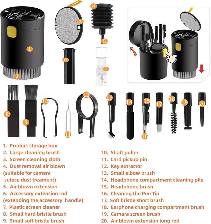 20-in-1 Laptop Phone Screen Earbud Cleaning Kit, Keyboard Cleaner Kit | Keyboard Cleaning Kit with Electronic Cleaning Brush Spray for Airpods Pro,iPad,iPhone Pro,Camera,Computer Cleaning (Black) - Image 4