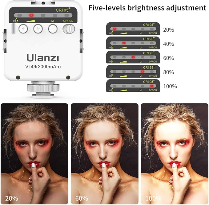 Ulanzi VL49 Mini LED Video Fill Light, 2000mAh Rechargeable Camera Light | CRI95 Adjustable Brightness, Design with 3 Expansion Cold Shoes, White Lighting for Canon Photography Tiktok Live Stream - Image 2