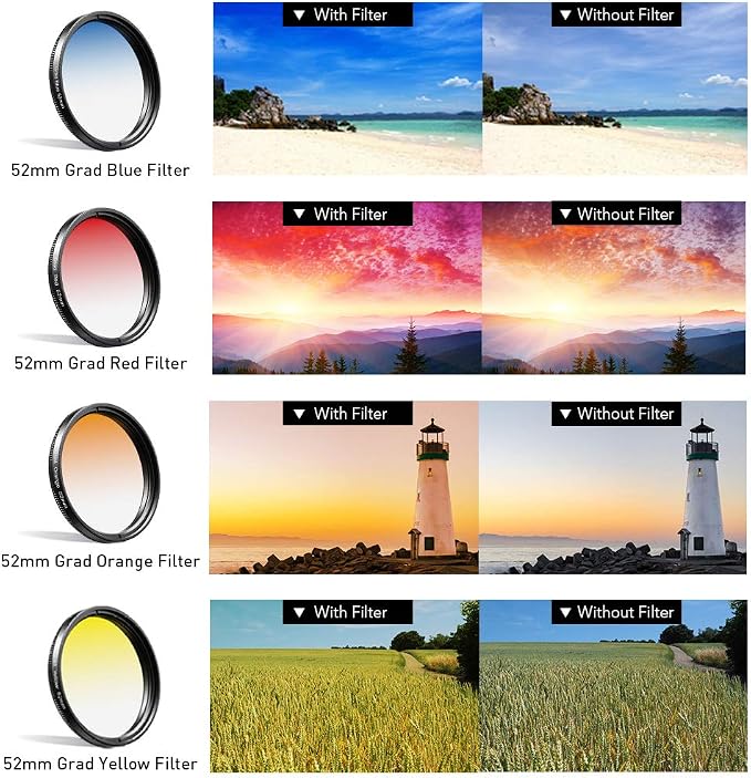 Apexel 52mm Filter Lens Kit (Graduated Filter Lens-Red Orange Yellow Blue, CPL, ND32, Star Lens-6 Point) for Smartphone Camera Canon Nikon Sony Olympus - Image 4