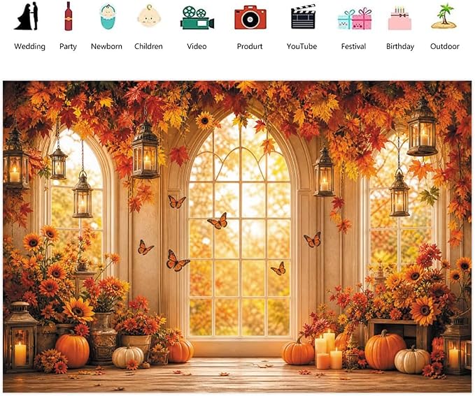Fall Butterfly Floral Backdrop for Photography 12x8ft Autumn Window Pumpkin Maple Flowers Backdrop Thanksgiving Theme Background Birthday Party Decorations Photo Booth Props Vinyl - Image 2