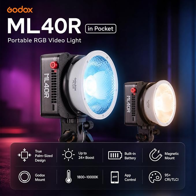 Godox ML40R RGB LED Video Light, Portable COB Photography Light with Built-in Battery, 1800K-10000K Full Color, 14 FX Effects, App Control, Magnetic Mount, ML-L10 Reflector for Vlog Live Streaming - Image 2
