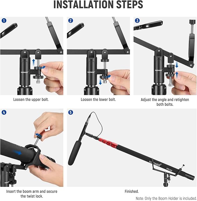 NEEWER Mic Boom Pole Support Holder with 5/8" Stud for Light Stand Boom Arm C Stand, Metal Nonslip DSLR Video Microphone Shotgun Mount Adapter, -15°/+30° Tilt, Max Load: 17.6lb/8kg, CM-NA-2 | For C Stand, Metal, Nonslip DSLR Video Microphone Shotgun Mo... - Image 6