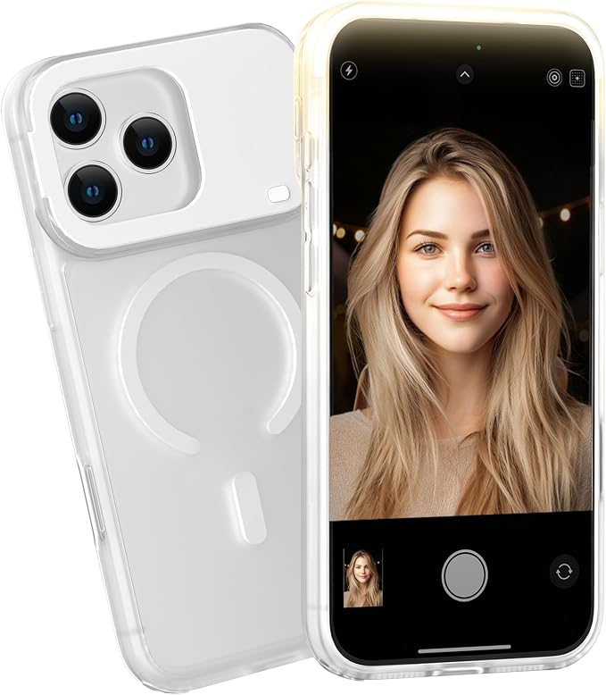 for iPhone 16 Case with Selfie Light, 3 Color Modes (White) | Compatible with MagSafe,Brightness Control, Memory Setting, USB-C Light Charging, Cable Included by GGBON