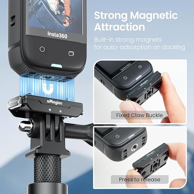 Stainless Steel Magnetic Quick Release Mount for Insta360 Ace Pro 2/X6/X5/X4 Air,Metal QR Adapter Bracket with 2 Prong & 1/4"-20 Thread, Anti-Vibration Silicone Pad for Cycling Skiing Vlog - Image 4