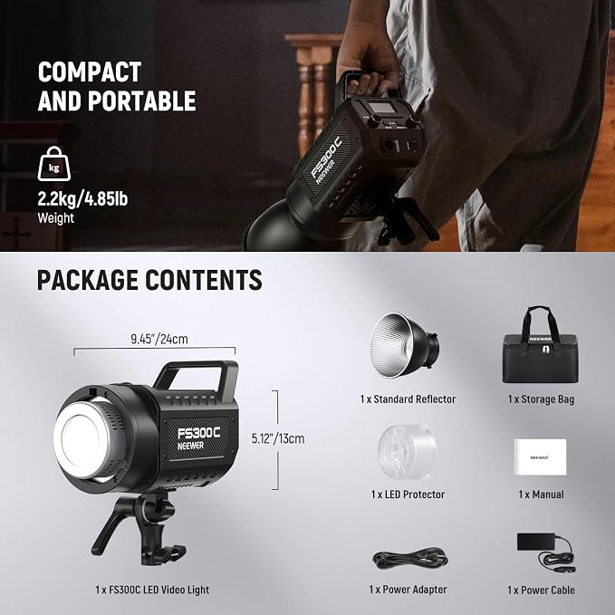NEEWER FS300C 300W RGB LED Video Light with App/2.4G Control | 17 Effects, 2500K-7500K, 29000Lux/1m COB Continuous Output Lighting, CRI95+/TLCI97+, Bowens Mount Spotlight for Studio Shoots - Image 9