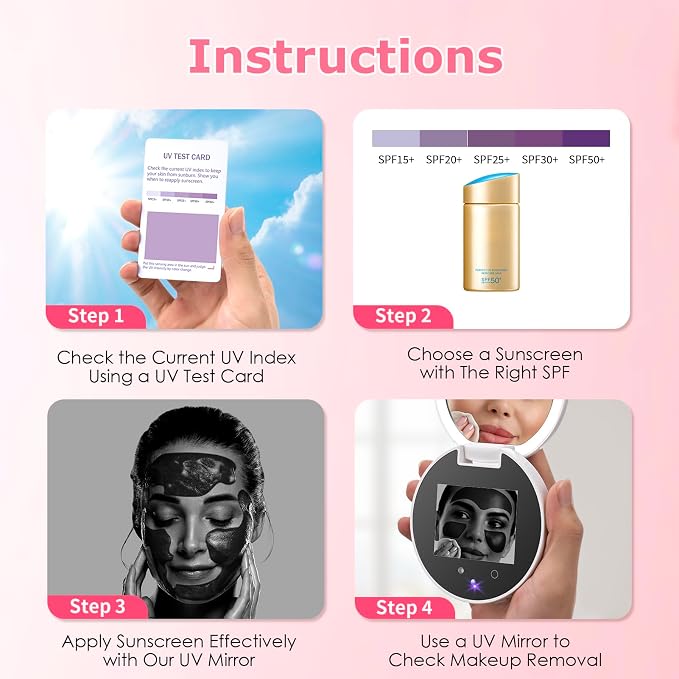 UV Camera for Sunscreen Test with 2X Magnifying Vanity Mirror 3.8 Inch | Rechargeable UV Mirror Sunscreen Camera with Light Handheld Double-Sided Pocket Mirror for Skin Protection(White) - Image 4