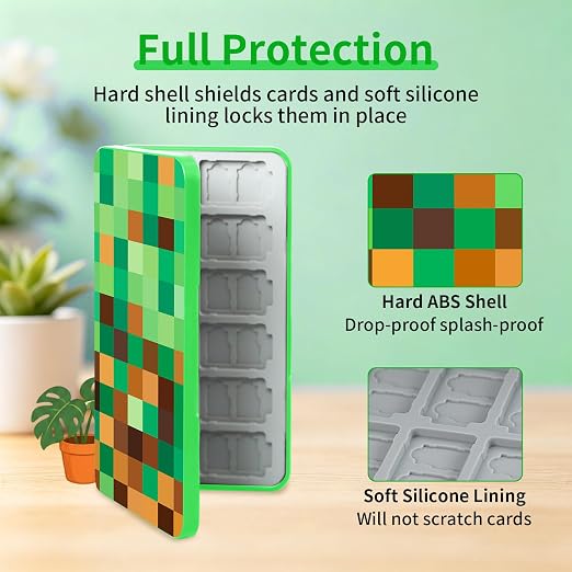 PERFECTSIGHT Switch Game Card Case for Nintendo Switch 2/ Lite / OLED, Switch 2 Game Holder Cartridge Case for Game Cards and 48 SD Cards, Cute Kawaii Portable Compact Storage Box, Green Grid - Image 4