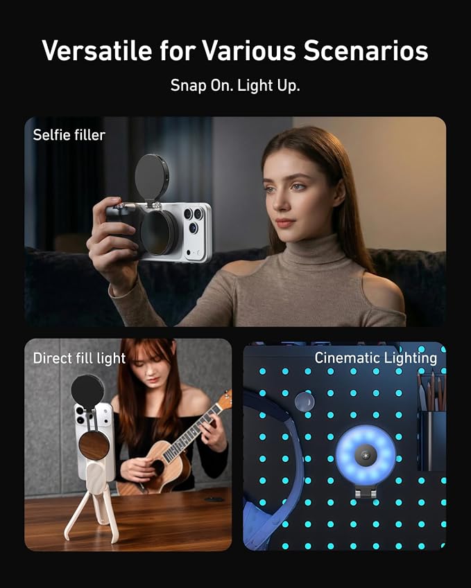 TELESIN Upgraded 4-in-1 Magnetic RGB Selfie Ring Light with Mirror & Phone Stand, Rechargeable Portable Clip On Fill Light for iPhone Samsung TikTok, Vlogging, Makeup, Photography, Streaming (Black) - Image 7