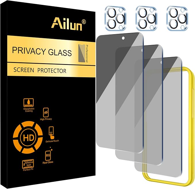 Ailun Privacy Screen Protector+Camera Lens Protector for iPhone 15 Pro | 3+3 Pack, 6.1 inch, Installation Frame, Dynamic Island Compatible, Anti Spy Private Tempered Glass, HD by Ailun