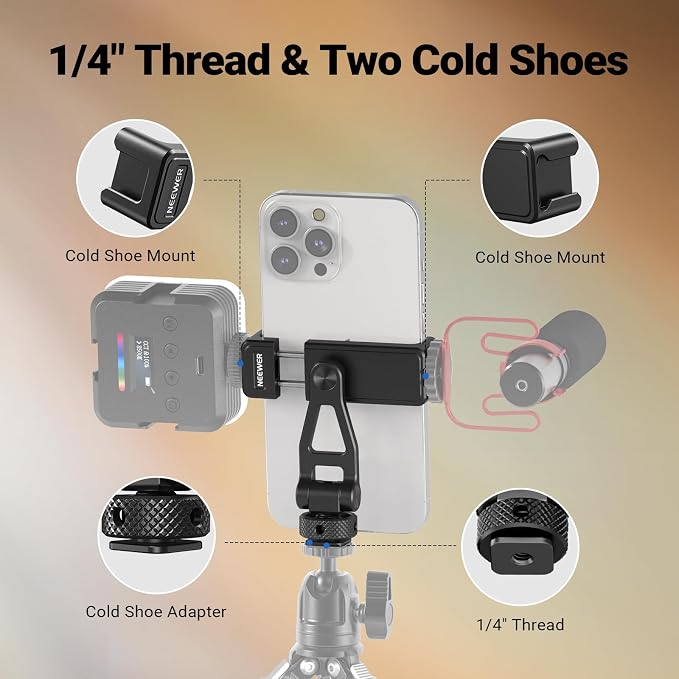 NEEWER Metal Phone Tripod Mount with Cold Shoes, 1/4" Thread, GA010 | 180° Tilt 360° Rotation, Adjustable Phone Clamp Holder, Compatible with iPhone 17 16 15 Samsung S25 S24 Ultra Camera Cage - Image 3